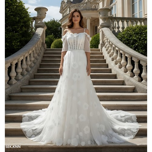 Wedding Dress -Luxury Embroidery Beaded 3-D Floral Laces A-Line- LV-A2007OS