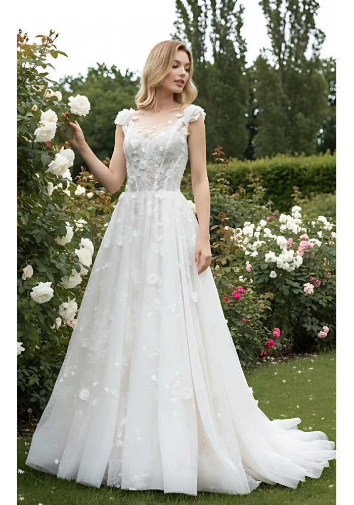 Wedding Dress - 3-D Beaded Floral lace Applique Tulle A-line with Handmade 3-D Roses Neckline- LV-A3005