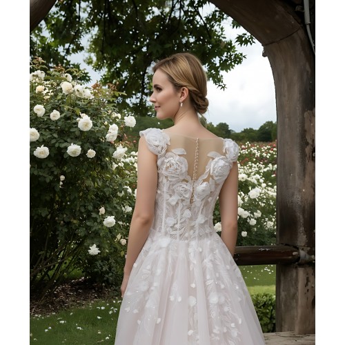 Wedding Dress - 3-D Beaded Floral lace Applique Tulle A-line with Handmade 3-D Roses Neckline- LV-A3005
