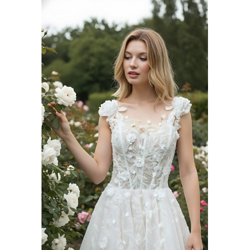 Wedding Dress - 3-D Beaded Floral lace Applique Tulle A-line with Handmade 3-D Roses Neckline- LV-A3005