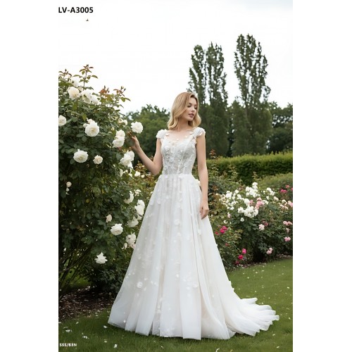 Wedding Dress - 3-D Beaded Floral lace Applique Tulle A-line with Handmade 3-D Roses Neckline- LV-A3005
