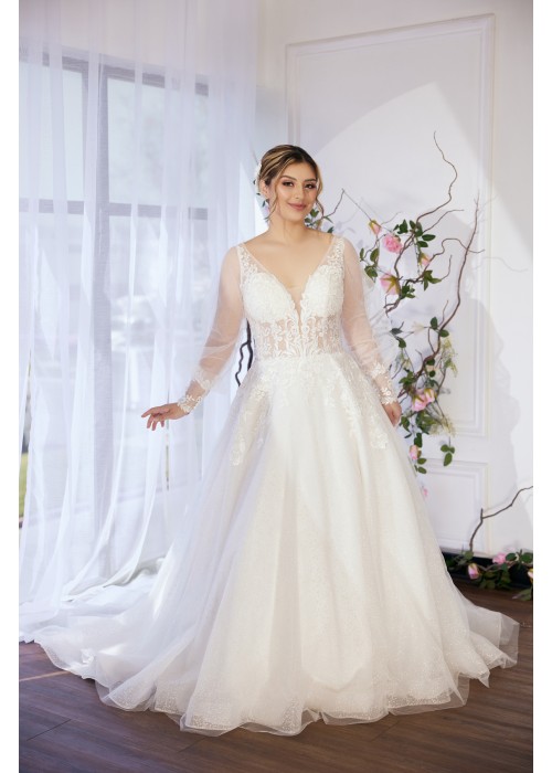 A-line Plunge V  Sequined Floral Lace Tulle with Detachable Bishop Long Sleeves Wedding Dress - LV-A4001