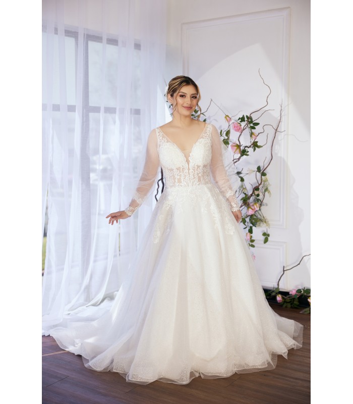 A-line Plunge V  Sequined Floral Lace Tulle with Detachable Bishop Long Sleeves Wedding Dress - LV-A4001