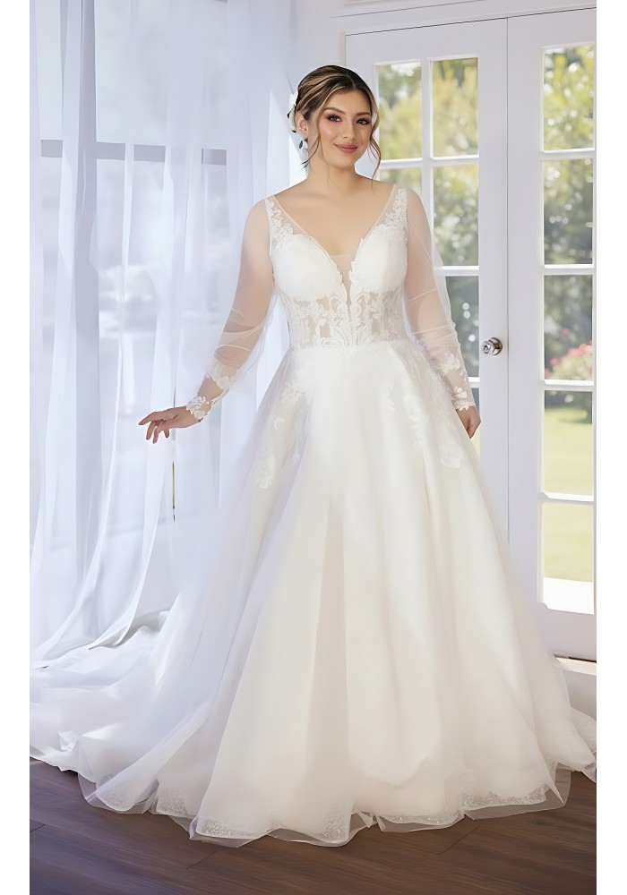 A-line Plunge V  Sequined Floral Lace Tulle with Detachable Bishop Long Sleeves Wedding Dress - LV-A4001