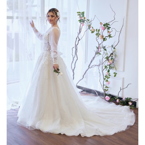 A-line Plunge V  Sequined Floral Lace Tulle with Detachable Bishop Long Sleeves Wedding Dress - LV-A4001