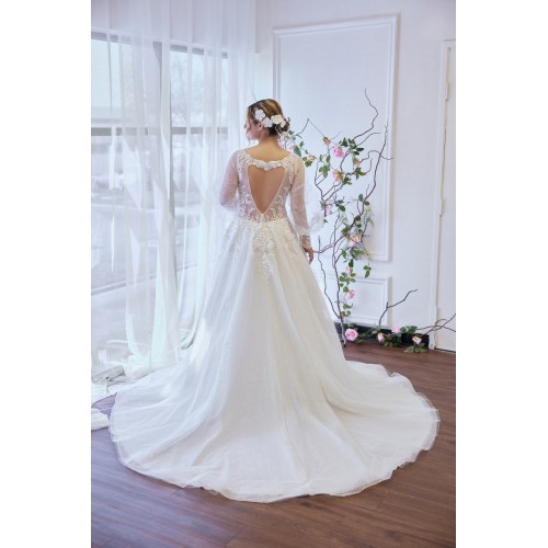 A-line Plunge V  Sequined Floral Lace Tulle with Detachable Bishop Long Sleeves Wedding Dress - LV-A4001