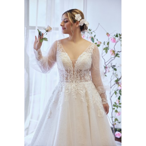 A-line Plunge V  Sequined Floral Lace Tulle with Detachable Bishop Long Sleeves Wedding Dress - LV-A4001