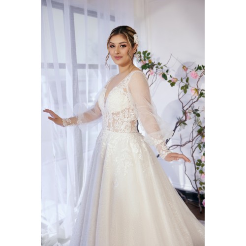 A-line Plunge V  Sequined Floral Lace Tulle with Detachable Bishop Long Sleeves Wedding Dress - LV-A4001