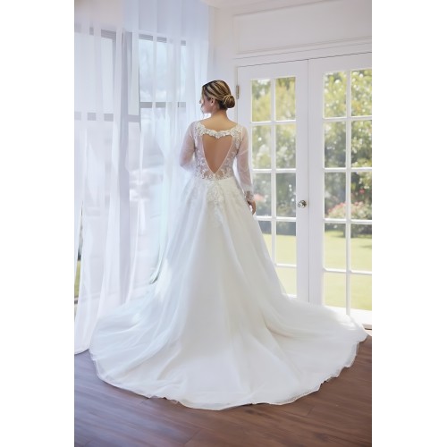 A-line Plunge V  Sequined Floral Lace Tulle with Detachable Bishop Long Sleeves Wedding Dress - LV-A4001