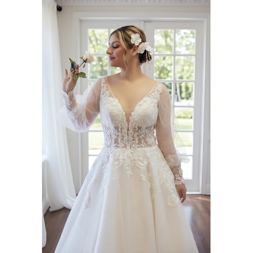 A-line Plunge V  Sequined Floral Lace Tulle with Detachable Bishop Long Sleeves Wedding Dress - LV-A4001