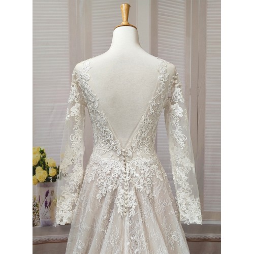 A-Line Long Sleeve Floral Lace Applique Tulle Wedding Dress - LV-A6001