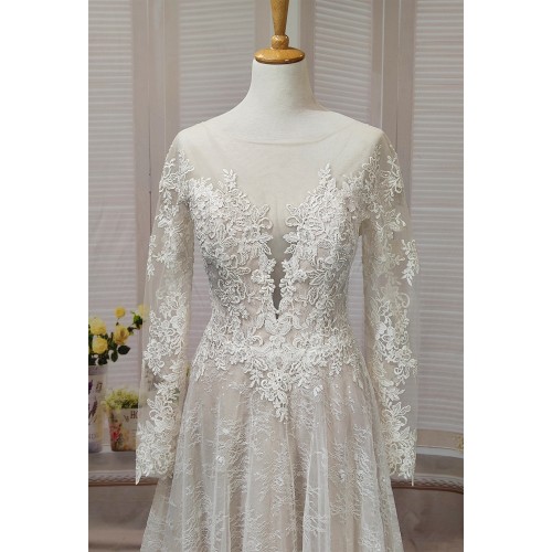 A-Line Long Sleeve Floral Lace Applique Tulle Wedding Dress - LV-A6001