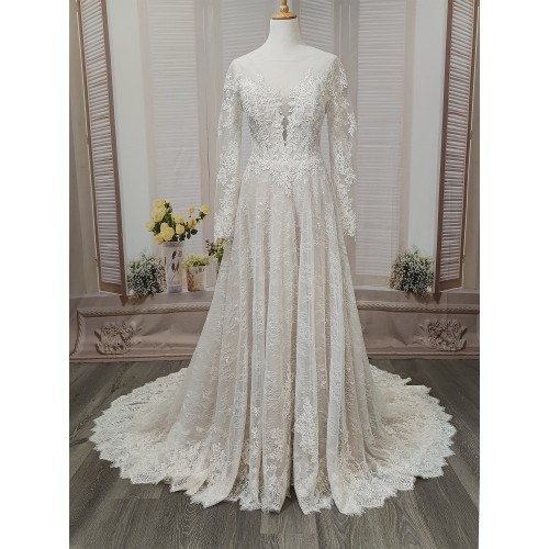 A-Line Long Sleeve Floral Lace Applique Tulle Wedding Dress - LV-A6001