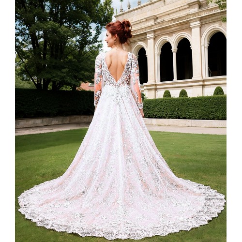 A-Line Long Sleeve Floral Lace Applique Tulle Wedding Dress - LV-A6001