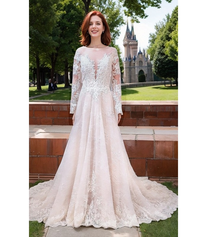 A-Line Long Sleeve Floral Lace Applique Tulle Wedding Dress - LV-A6001