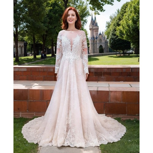 A-Line Long Sleeve Floral Lace Applique Tulle Wedding Dress - LV-A6001