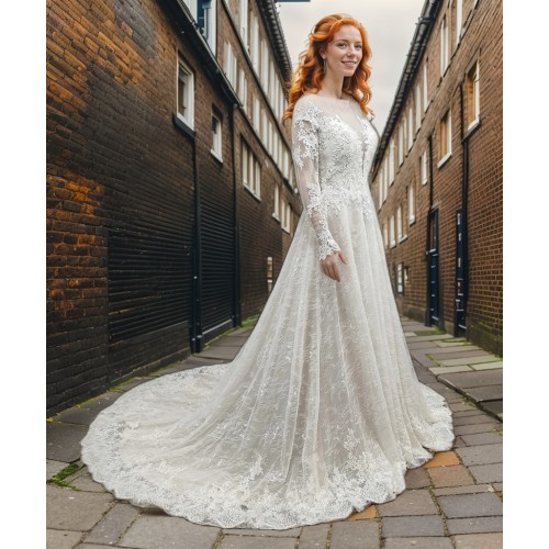 A-Line Long Sleeve Floral Lace Applique Tulle Wedding Dress - LV-A6001