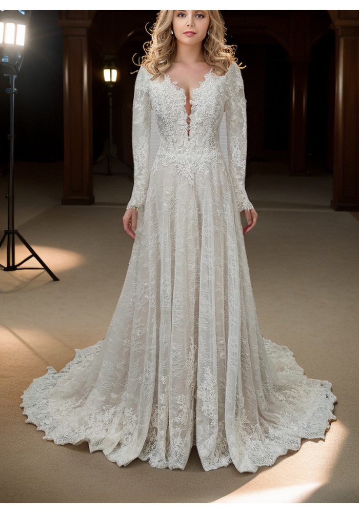 A-Line Long Sleeve Floral Lace Applique Tulle Wedding Dress - LV-A6001