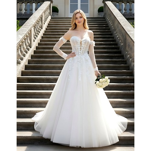 Wedding Dress - 3-D Floral Lace Applique Tulle Ruched Bodice Basque Waist A-line with Detachable Long Sleeves - LV-A6005