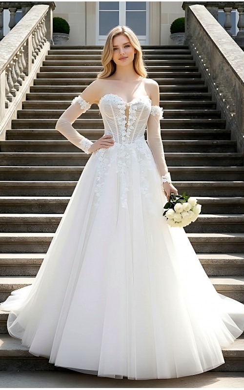 Wedding Dress - 3-D Floral Lace Applique Tulle Ruched Bodice Basque Waist A-line with Detachable Long Sleeves - LV-A6005