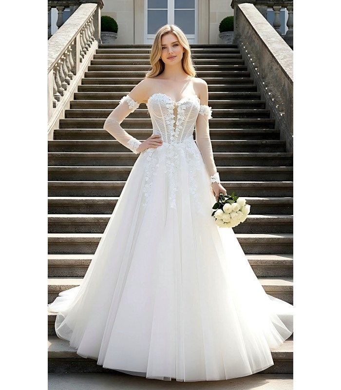 Wedding Dress - 3-D Floral Lace Applique Tulle Ruched Bodice Basque Waist A-line with Detachable Long Sleeves - LV-A6005