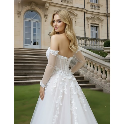 Wedding Dress - 3-D Floral Lace Applique Tulle Ruched Bodice Basque Waist A-line with Detachable Long Sleeves - LV-A6005