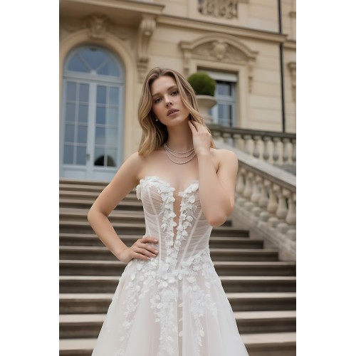 Wedding Dress - 3-D Floral Lace Applique Tulle Ruched Bodice Basque Waist A-line with Detachable Long Sleeves - LV-A6005
