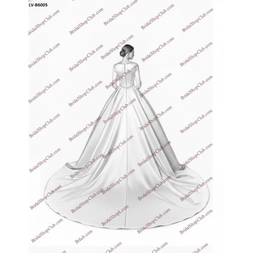 Matte Satin Royal Ball Gown with Pearl Accents and Eyelash Lace Trim Long Sleeves - LV-B6005