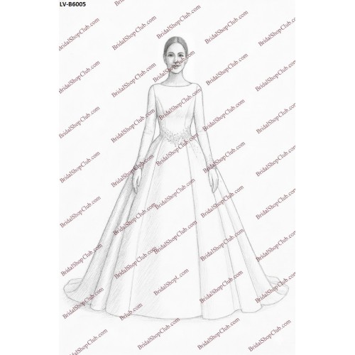 Matte Satin Royal Ball Gown with Pearl Accents and Eyelash Lace Trim Long Sleeves - LV-B6005