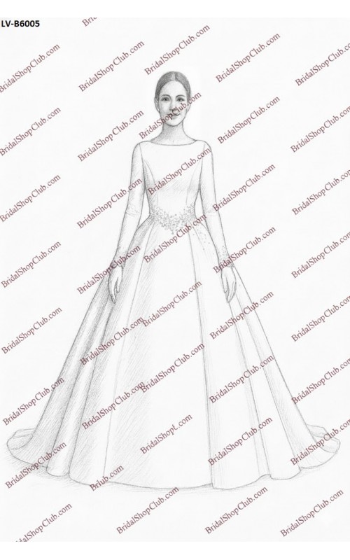 Matte Satin Royal Ball Gown with Pearl Accents and Eyelash Lace Trim Long Sleeves - LV-B6005