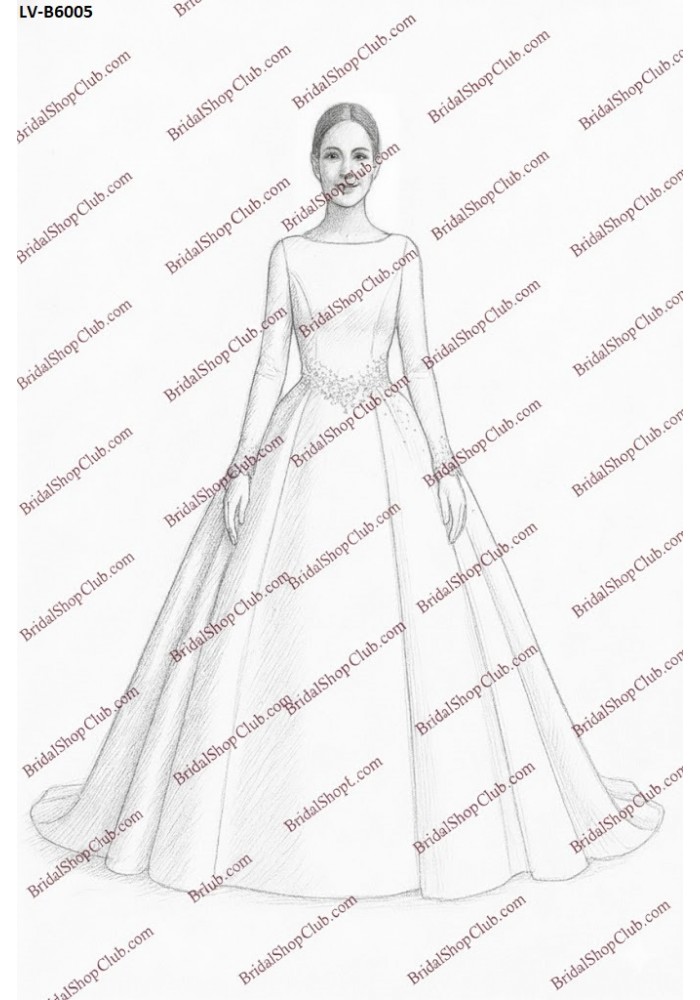 Matte Satin Royal Ball Gown with Pearl Accents and Eyelash Lace Trim Long Sleeves - LV-B6005