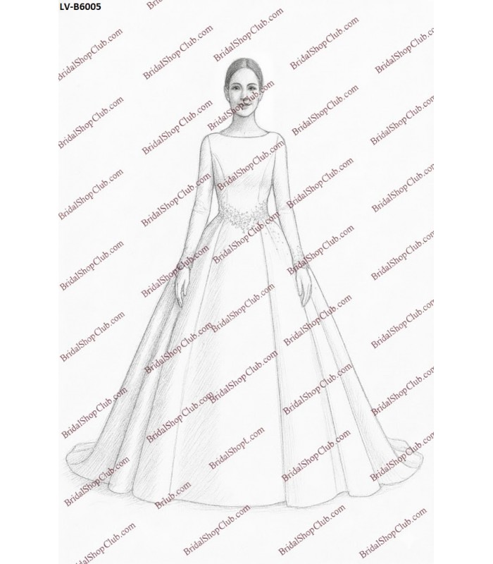 Matte Satin Royal Ball Gown with Pearl Accents and Eyelash Lace Trim Long Sleeves - LV-B6005