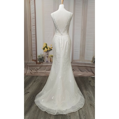 Fitted and Flare Glitter Embroidery Tulle with Overskirt Wedding Dress - LV-F5001OS