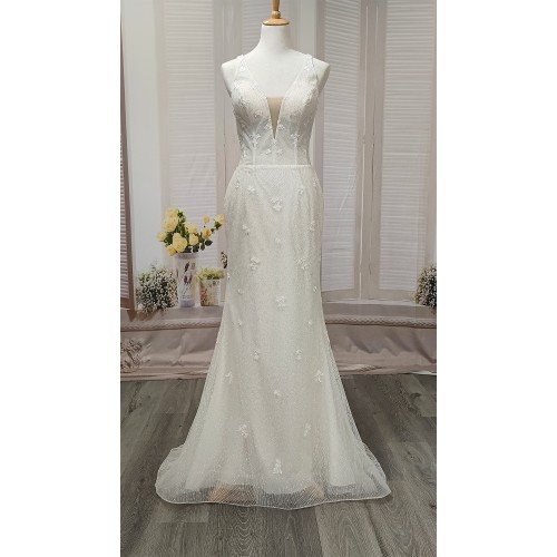 Fitted and Flare Glitter Embroidery Tulle with Overskirt Wedding Dress - LV-F5001OS