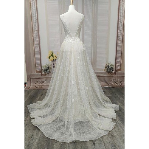 Fitted and Flare Glitter Embroidery Tulle with Overskirt Wedding Dress - LV-F5001OS