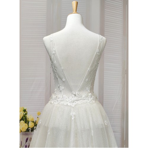 Fitted and Flare Glitter Embroidery Tulle with Overskirt Wedding Dress - LV-F5001OS