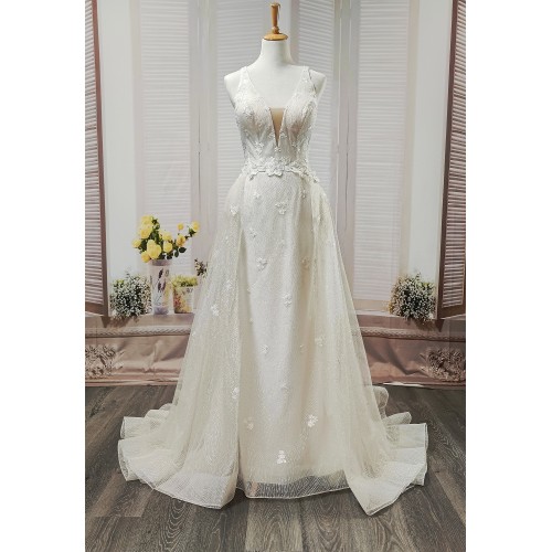 Fitted and Flare Glitter Embroidery Tulle with Overskirt Wedding Dress - LV-F5001OS