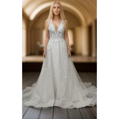 Fitted and Flare Glitter Embroidery Tulle with Overskirt Wedding Dress - LV-F5001OS