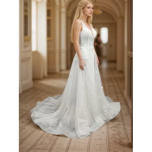 Fitted and Flare Glitter Embroidery Tulle with Overskirt Wedding Dress - LV-F5001OS