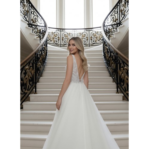 Fitted and Flare Glitter Embroidery Tulle with Overskirt Wedding Dress - LV-F5001OS