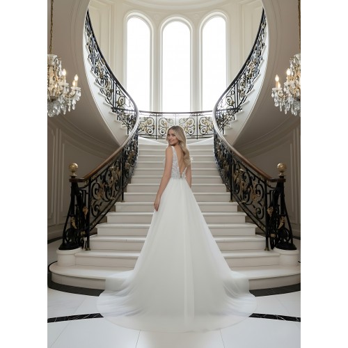 Fitted and Flare Glitter Embroidery Tulle with Overskirt Wedding Dress - LV-F5001OS