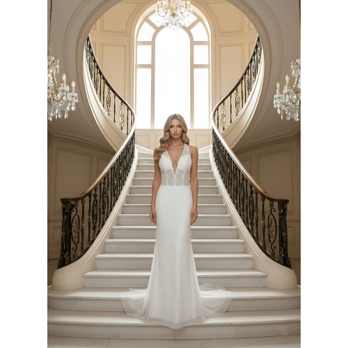 Fitted and Flare Glitter Embroidery Tulle with Overskirt Wedding Dress - LV-F5001OS