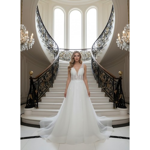 Fitted and Flare Glitter Embroidery Tulle with Overskirt Wedding Dress - LV-F5001OS