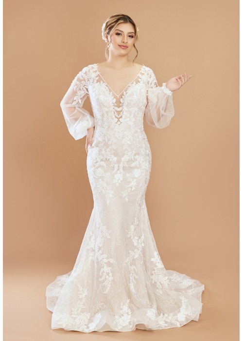 Mermaid Sequied Lace Appliqued Tulle Plunge V-Neck with Bishop Long Sleeves  Wedding Dress - LV-F6002