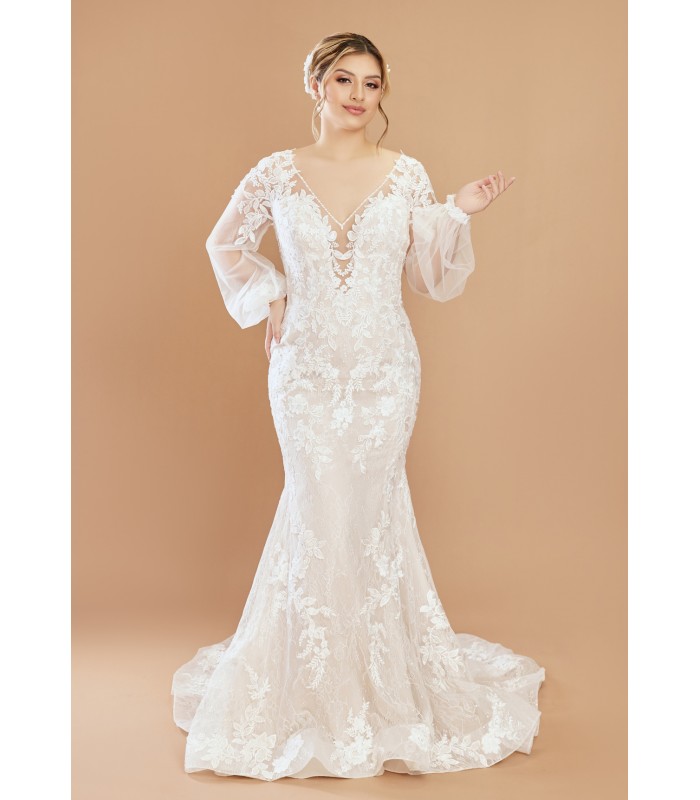 Mermaid Sequined Lace Appliqued Tulle Plunge V-Neck with Bishop Long Sleeves  Wedding Dress - LV-F6002