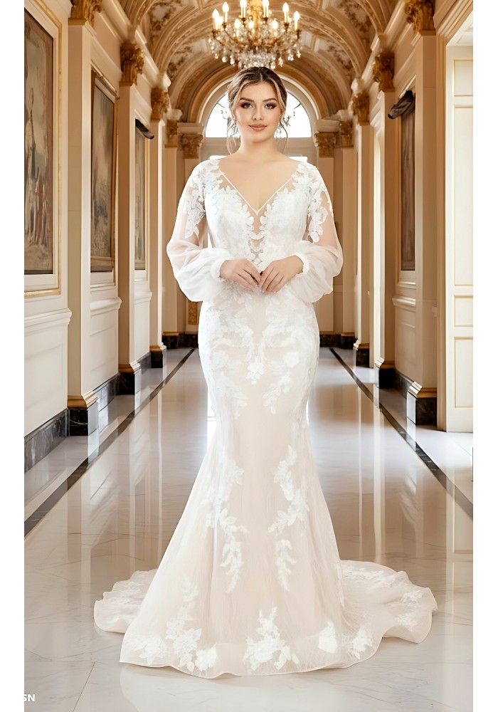 Mermaid Sequined Lace Appliqued Tulle Plunge V-Neck with Bishop Long Sleeves  Wedding Dress - LV-F6002