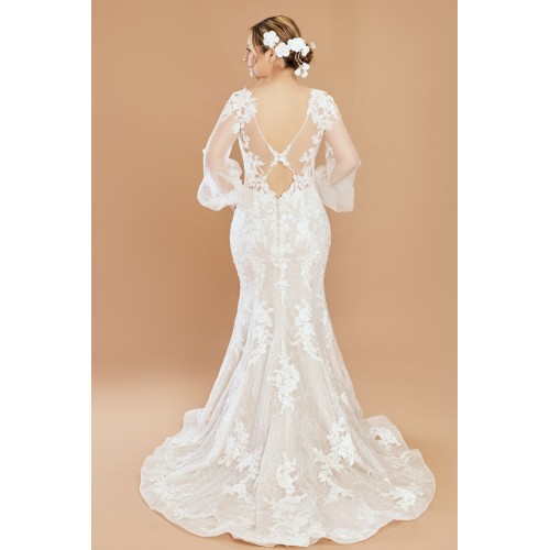 Mermaid Sequined Lace Appliqued Tulle Plunge V-Neck with Bishop Long Sleeves  Wedding Dress - LV-F6002