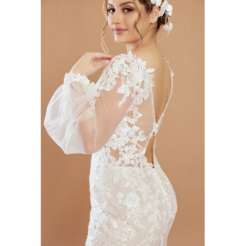 Mermaid Sequined Lace Appliqued Tulle Plunge V-Neck with Bishop Long Sleeves  Wedding Dress - LV-F6002