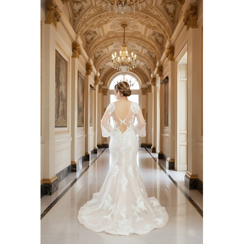 Mermaid Sequined Lace Appliqued Tulle Plunge V-Neck with Bishop Long Sleeves  Wedding Dress - LV-F6002