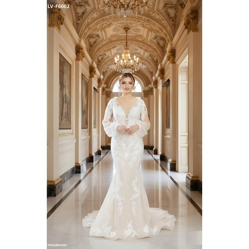 Mermaid Sequined Lace Appliqued Tulle Plunge V-Neck with Bishop Long Sleeves  Wedding Dress - LV-F6002